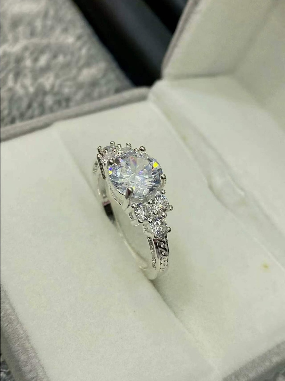 Radiant Clear Solitaire and Side-Stone Silver Ring